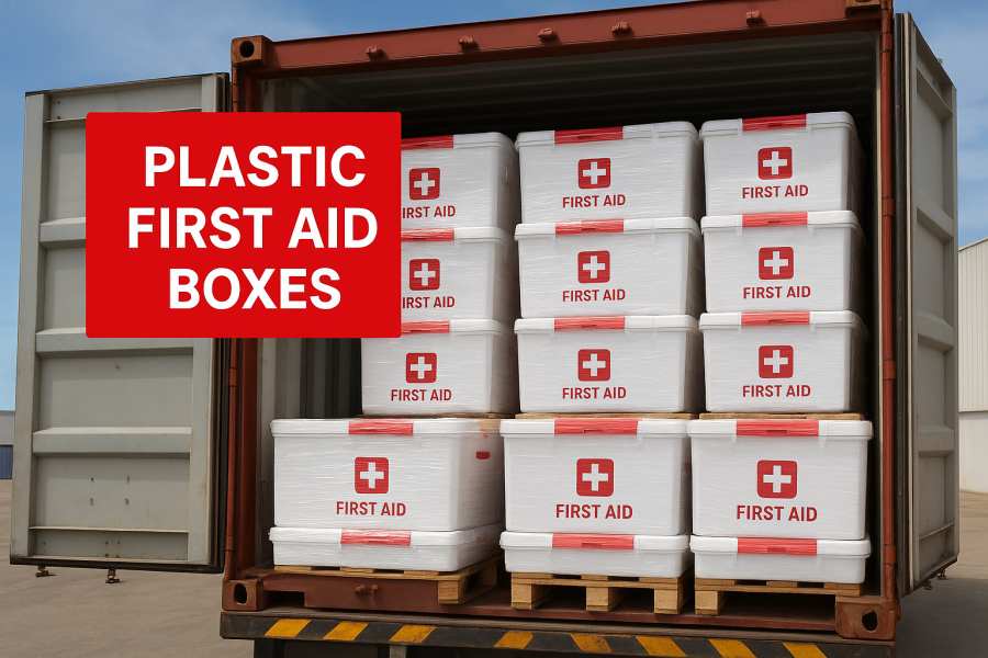 Yiwu Kebon Healthcare wysyła pełny pojemnik z plastikowymi pudełkami z pierwszej pomocy dla Dubaju